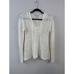 American Rag Sweater Ivory S Crochet Knit Lace Up Hooded Boho